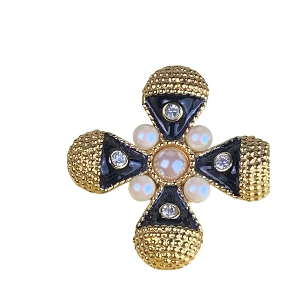 Maltese Cross Brooch Gold Black Pearl Rhinestone Statement Pin Old Money